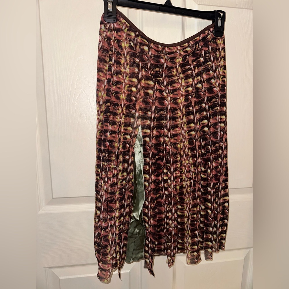 Vivienne Tam Brown retro printed mesh pull on midi skirt 1 M